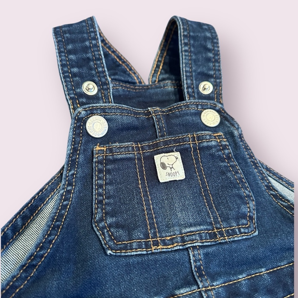 H&M Dark Wash Blue Denim Baby Snoopy Overalls Size 6 Months - Picture 3 of 7